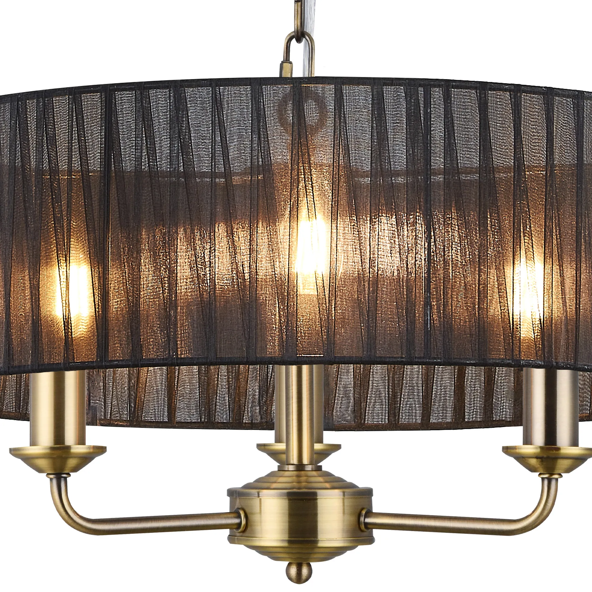 Banyan 3 Light Multi Arm Pendant With 45cm x 15cm Organza Shade Antique Brass/Black DK0867  Deco Banyan AB BL